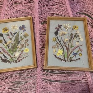 Vintage Rustic Floral Pressed Art Set with Wooden Frames